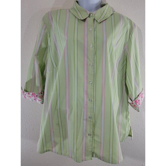 Allison Daley Green Pink Strip Button Up Top XXL 3/4 Sleeves Collard Lightweight - Picture 1 of 5